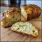 A collage showing a golden-brown loaf and a thick slice of Italian herb and cheese bread with visible herbs and melted cheese.