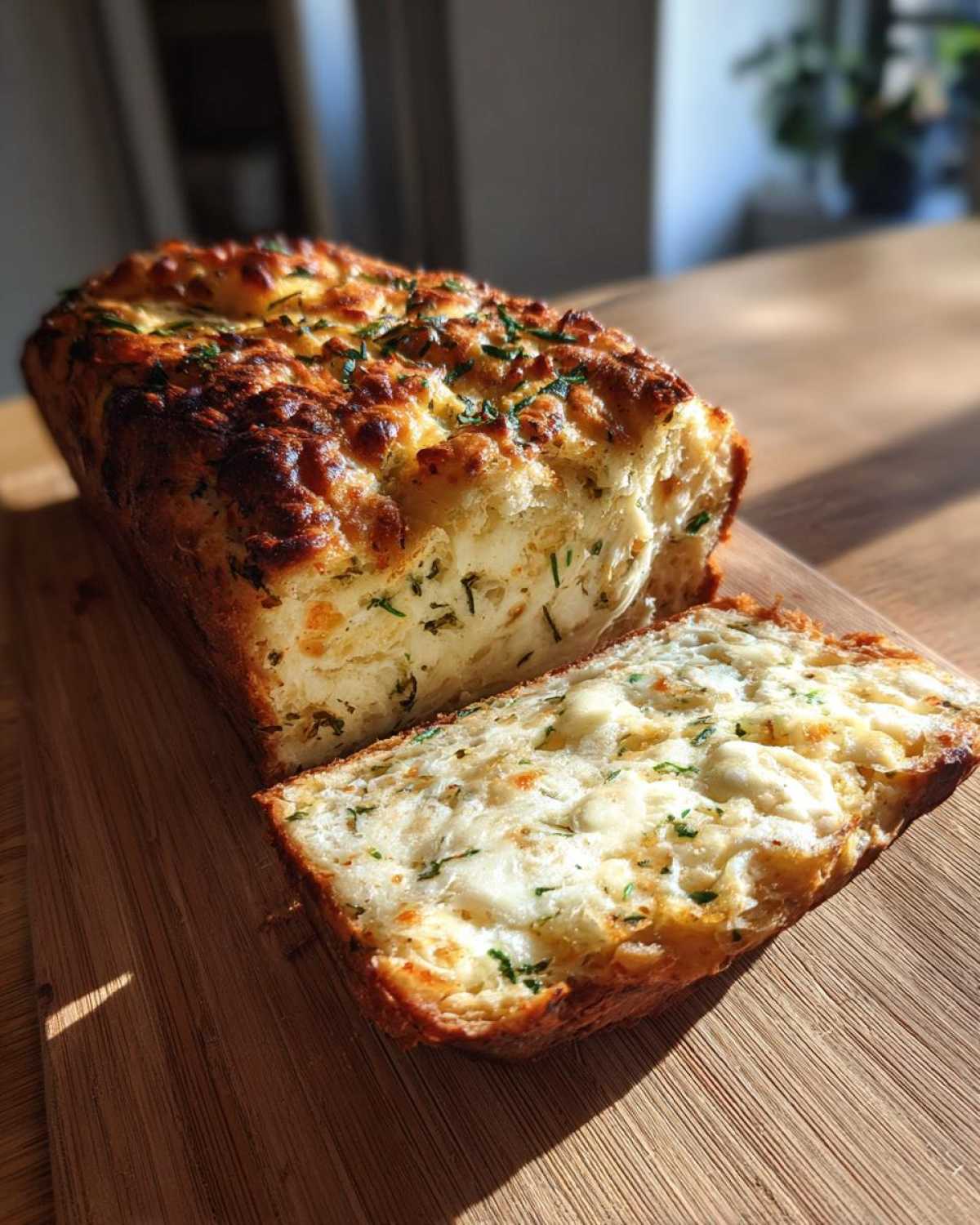A freshly baked loaf of Italian herb and cheese bread, with one thick slice cut and resting beside it on a wooden board.