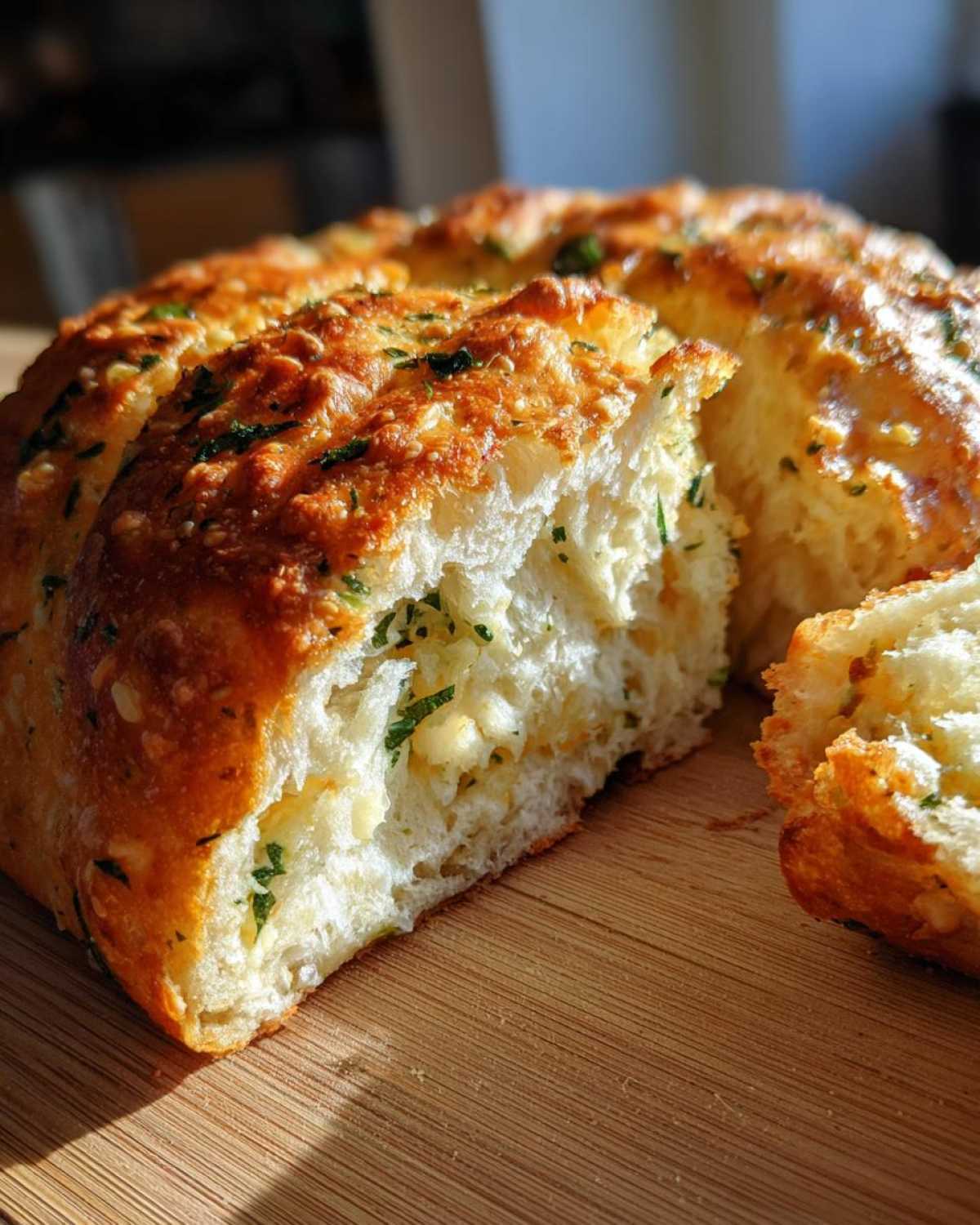 Close-up of fluffy Italian herb and cheese bread, showing the soft interior filled with herbs and cheese.