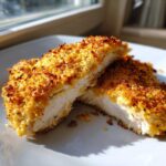 Two halves of juicy baked ranch chicken showing a golden, crispy coating and moist white interior.