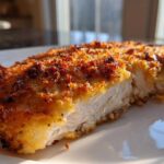 Close-up of a piece of baked ranch chicken cut open, showing the juicy white meat and a golden, crispy topping.
