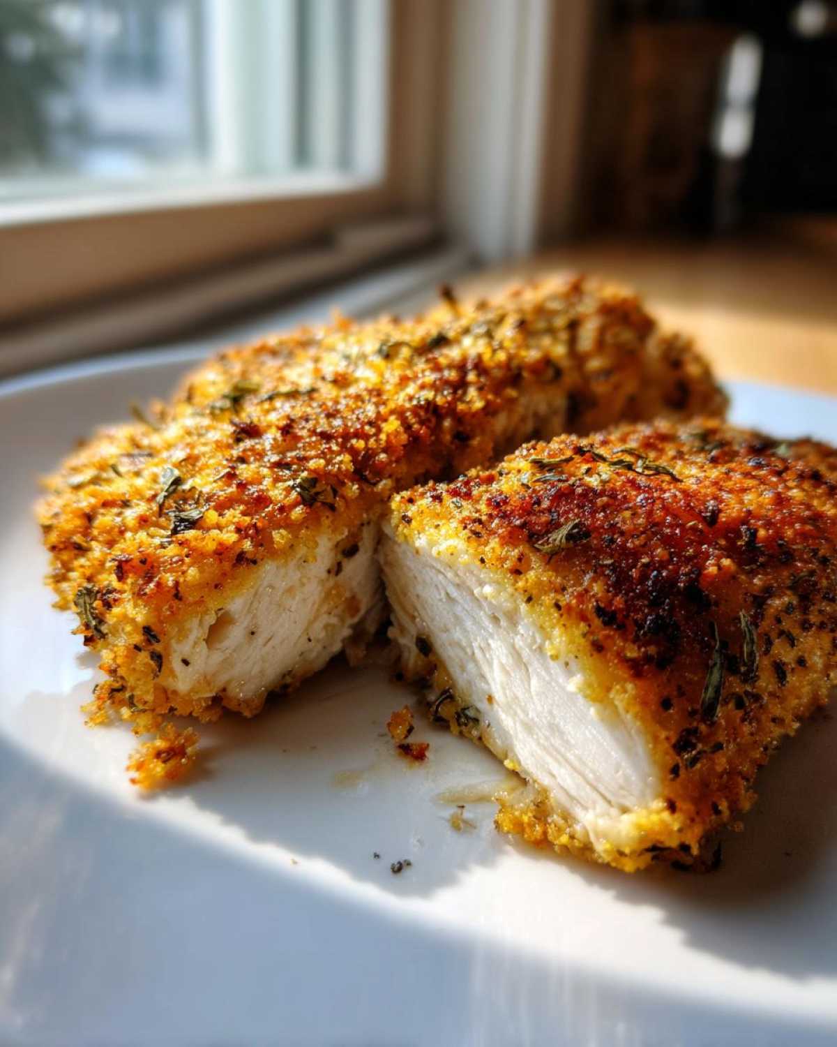 Close-up of juicy baked ranch chicken breast cut in half showing moist white meat and crispy golden coating.