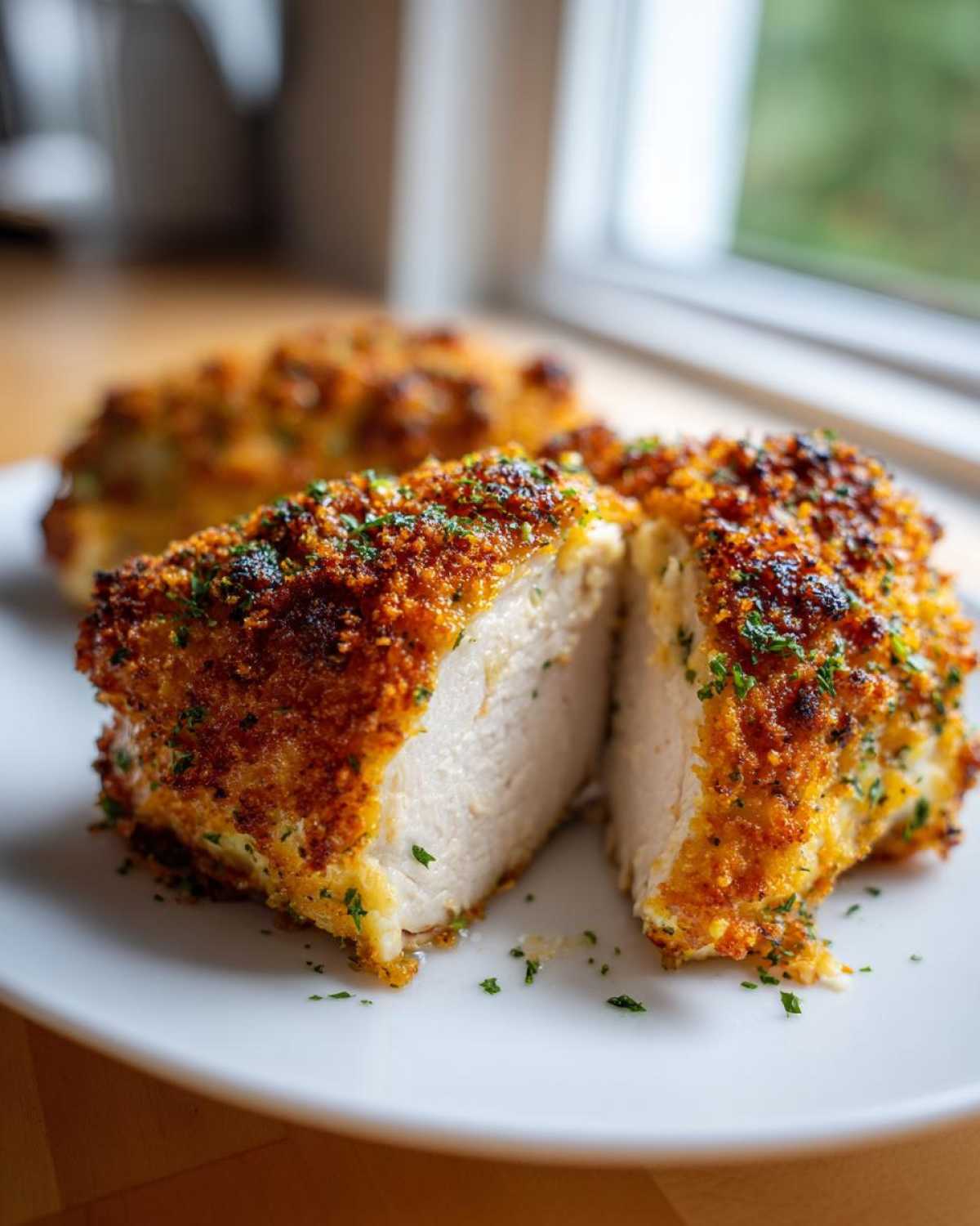 Close-up of juicy baked ranch chicken breast cut in half showing moist white meat and crispy golden breading.