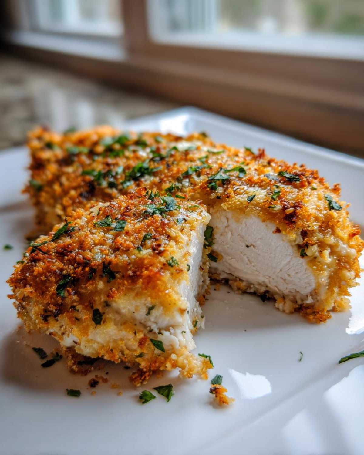 Cross-section view of juicy baked ranch chicken showing the white interior and crispy golden topping.