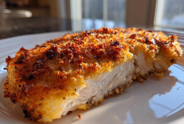 Close-up of a piece of baked ranch chicken cut open, showing the juicy white meat and a golden, crispy topping.