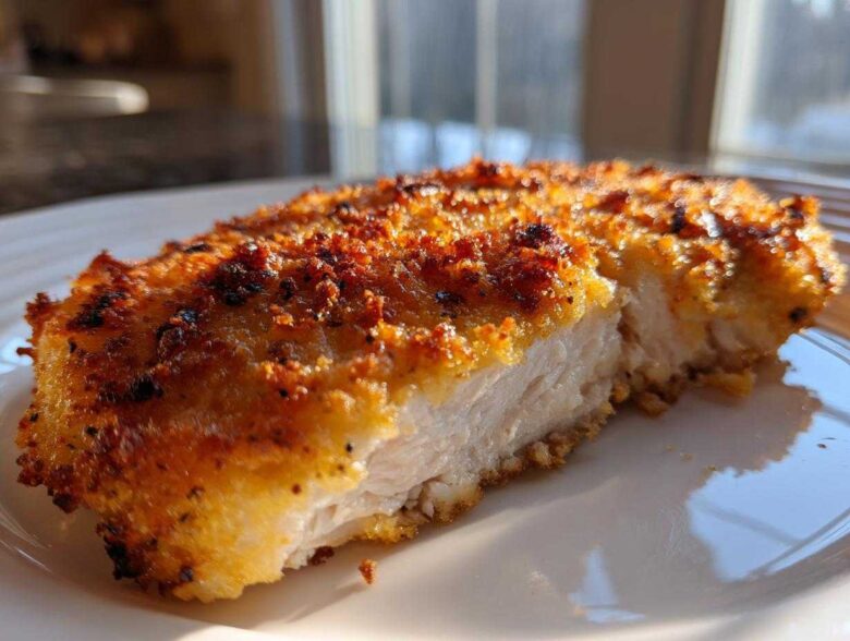 Close-up of a piece of baked ranch chicken cut open, showing the juicy white meat and a golden, crispy topping.