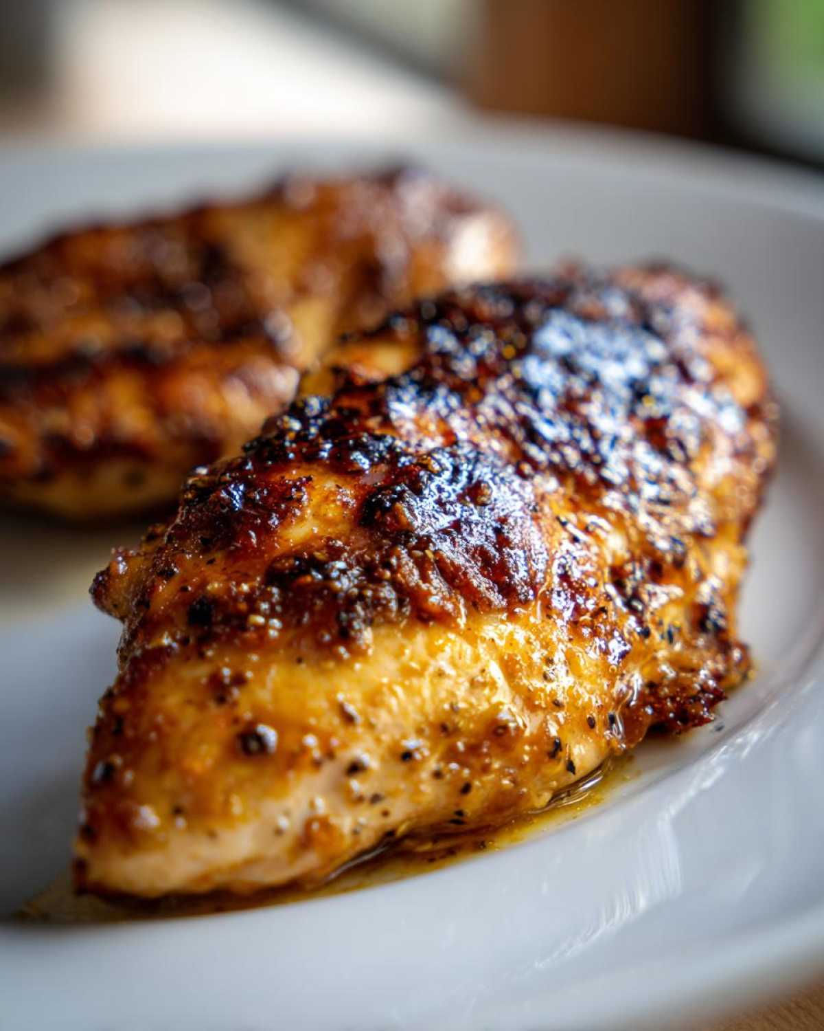 Close-up of a perfectly cooked, glazed chicken breast showing seasoning from the chicken marinade.