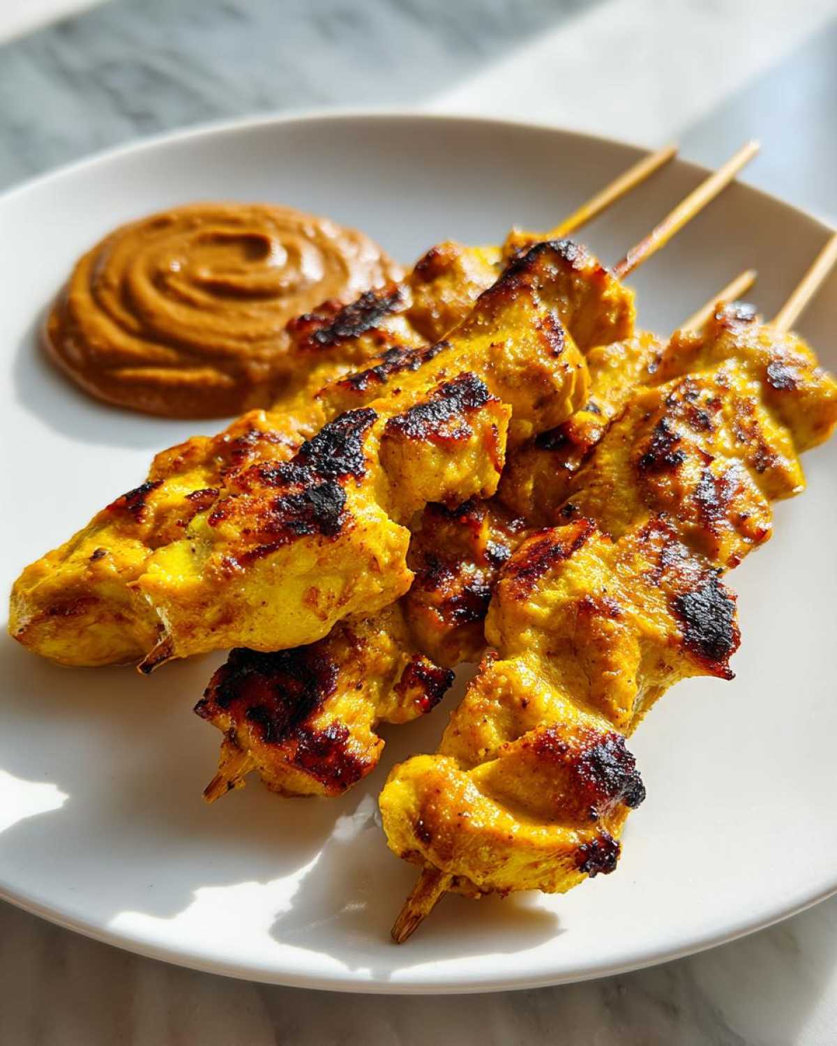 Close-up of four grilled chicken satay skewers with charred edges served on a white plate next to a swirl of peanut sauce.