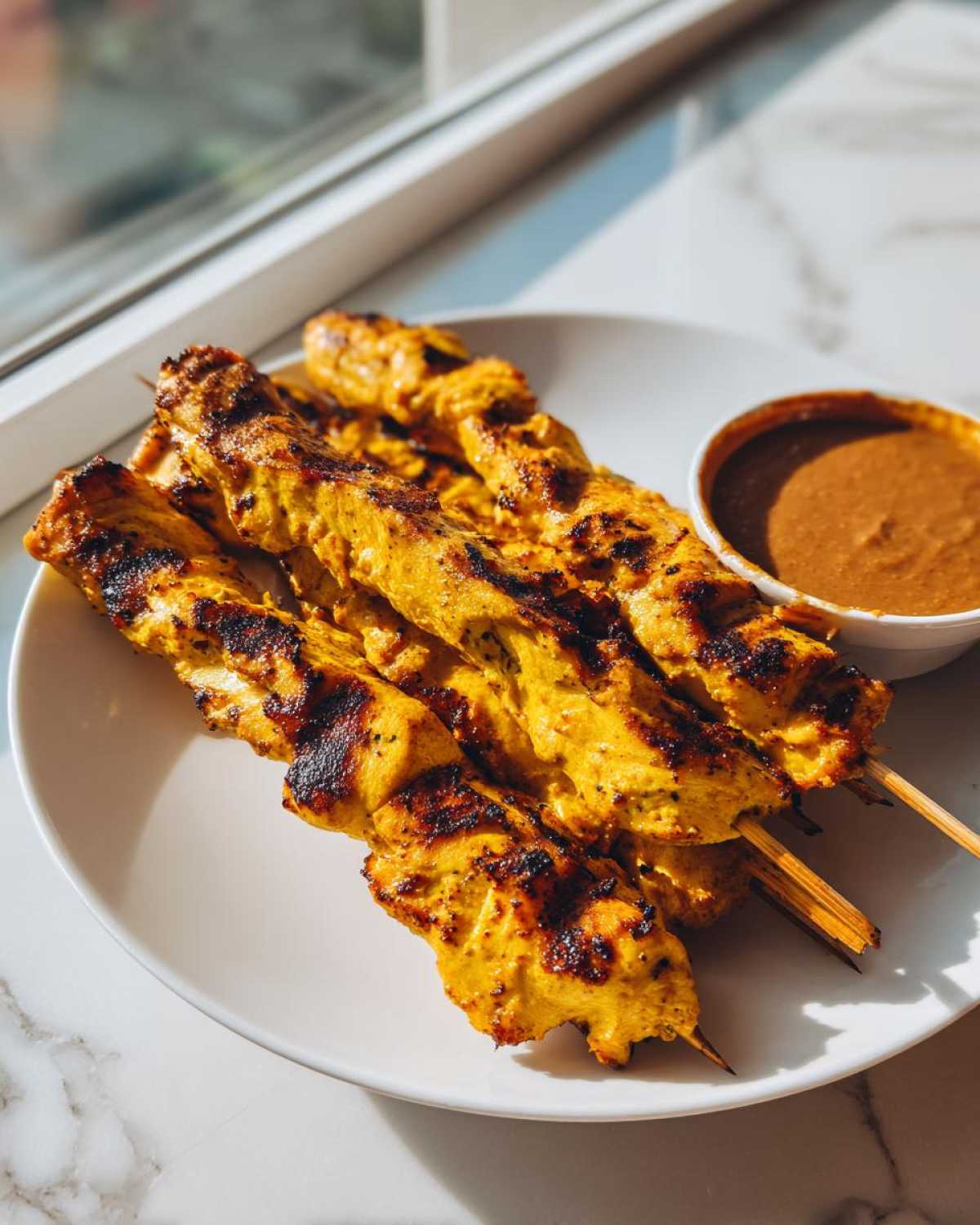 Close-up of golden, grilled chicken satay skewers served with a side of rich peanut sauce.