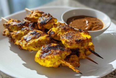 Close-up of grilled, yellow-marinated chicken satay skewers served with a side of rich peanut dipping sauce.