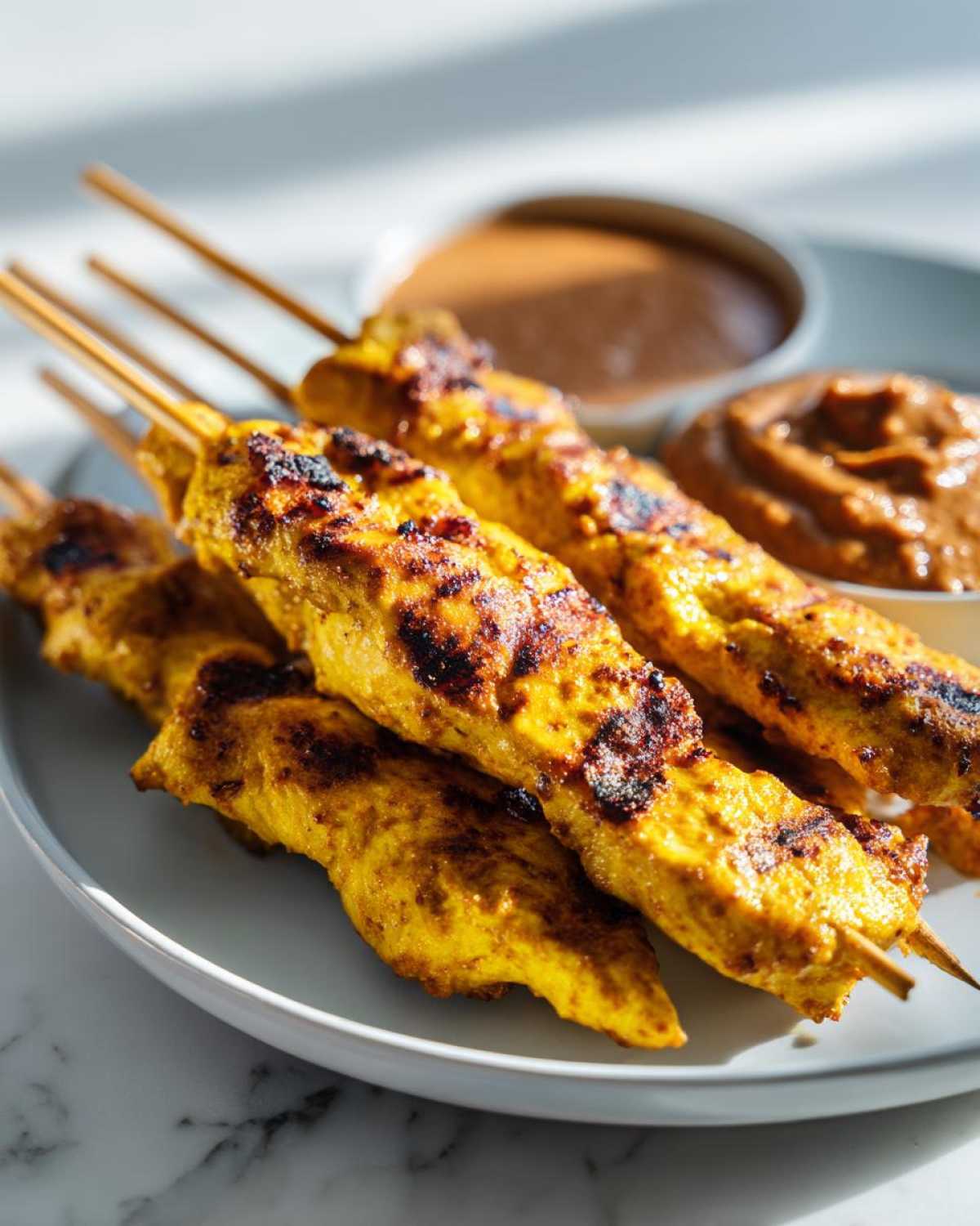 Close-up of grilled, yellow-marinated chicken satay skewers served on a white plate with peanut dipping sauce.