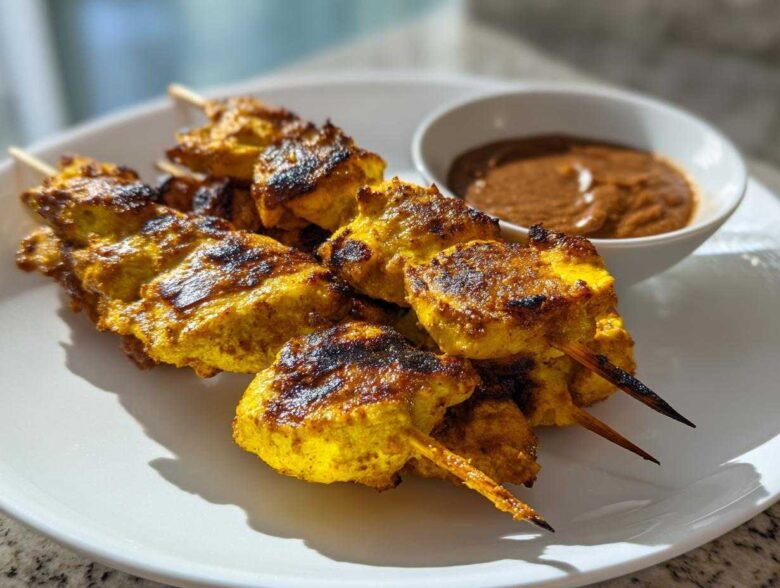 Close-up of grilled, yellow-marinated chicken satay skewers served with a side of rich peanut dipping sauce.