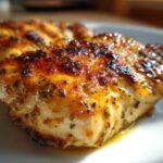 Close-up of a perfectly grilled chicken breast coated in a glossy, herb-flecked chicken marinade.