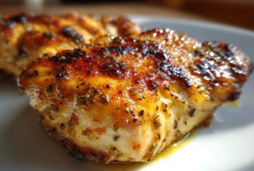 Close-up of a perfectly grilled chicken breast coated in a glossy, herb-flecked chicken marinade.