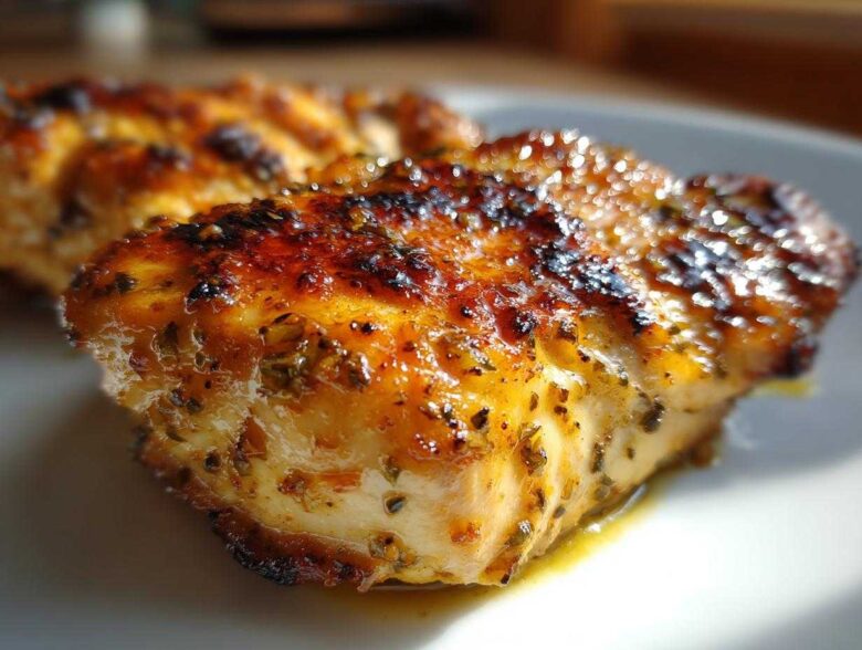 Close-up of a perfectly grilled chicken breast coated in a glossy, herb-flecked chicken marinade.
