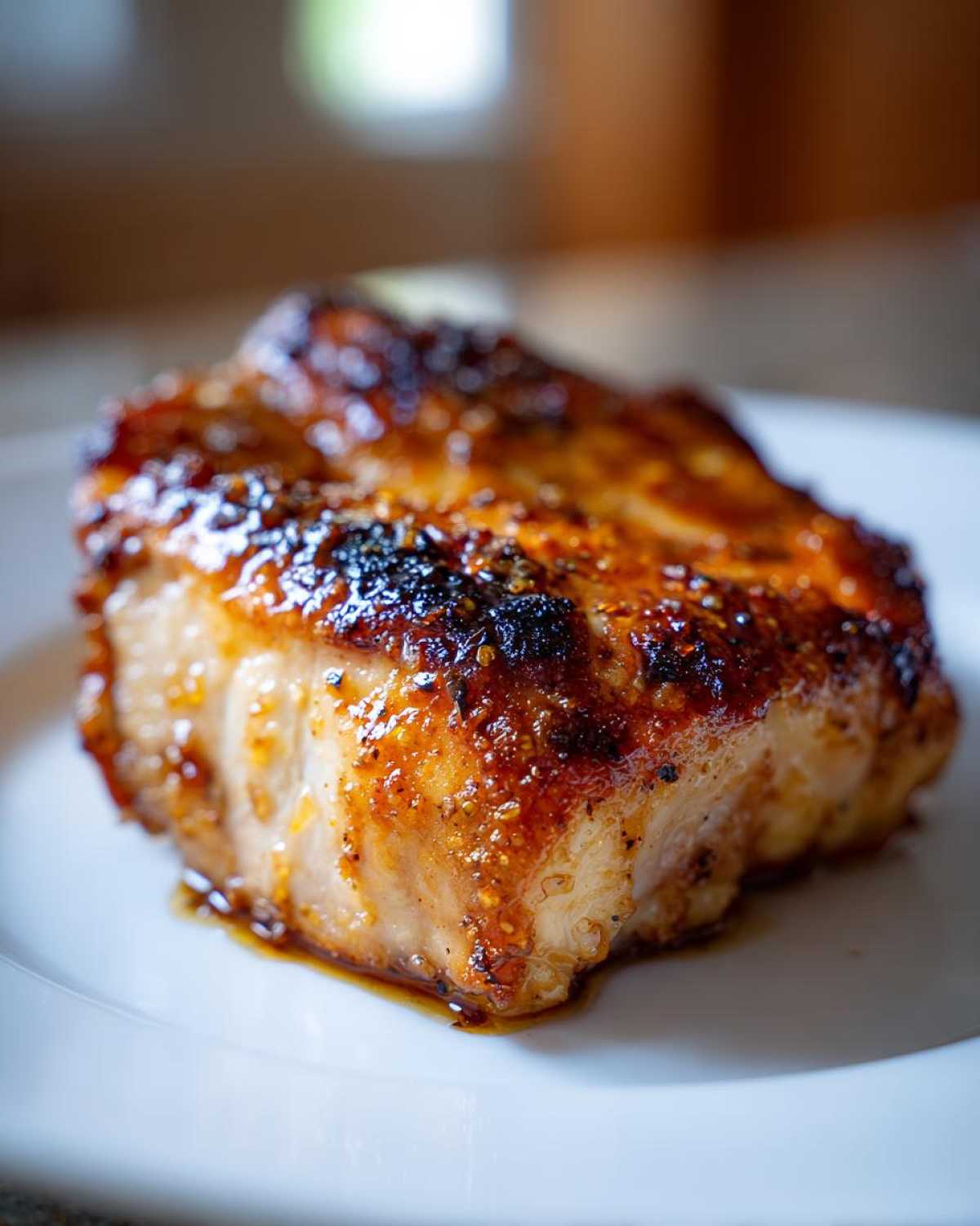 Close-up of a thick, juicy piece of cooked chicken with a dark, caramelized glaze, likely from a chicken marinade.