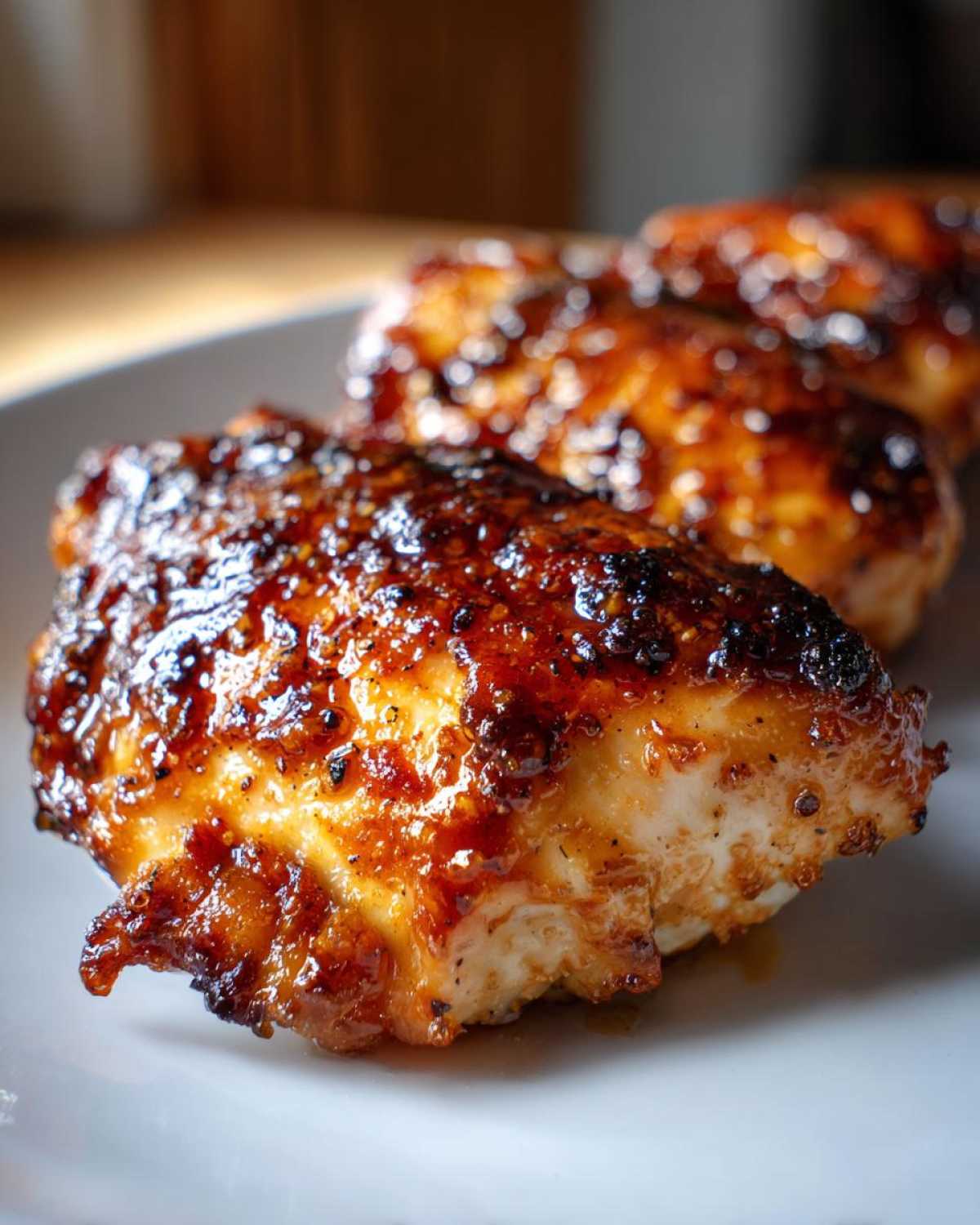 Close-up of three pieces of juicy, glazed chicken breasts coated in a dark, caramelized chicken marinade.