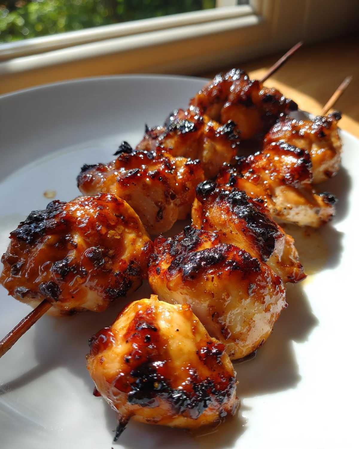 Close-up of several juicy chicken skewers coated in a dark, caramelized glaze, resting on a white plate.