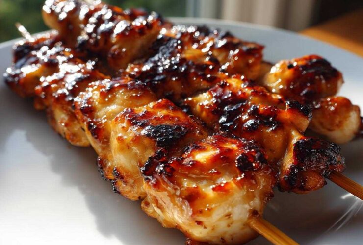 Close-up of three skewers featuring juicy, glazed, and slightly charred chicken skewers resting on a white plate.