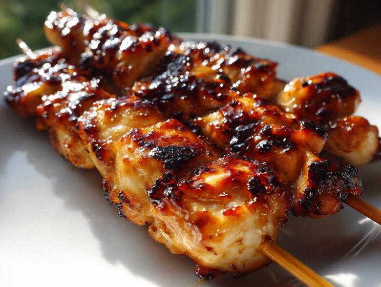 Close-up of three skewers featuring juicy, glazed, and slightly charred chicken skewers resting on a white plate.