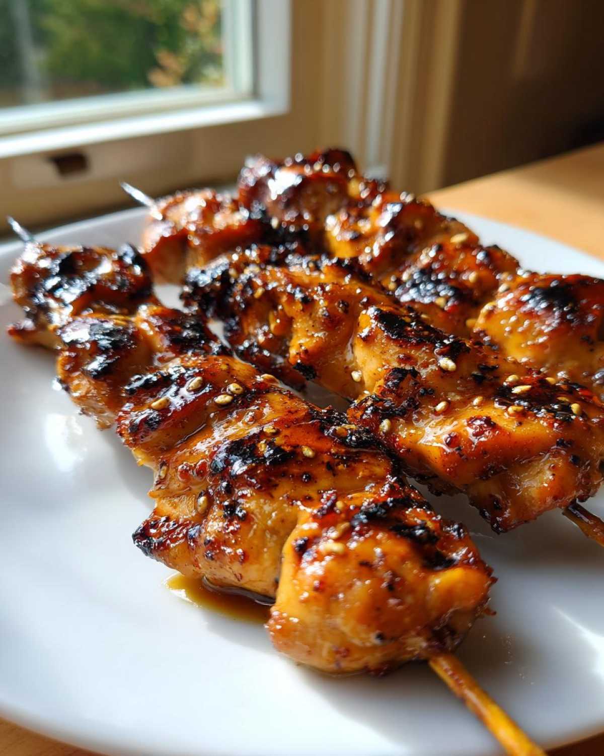 Close-up of three skewers of juicy, glazed chicken skewers, charred slightly and sprinkled with sesame seeds.