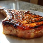 Close-up of a thick, bone-in pork chop cooked to perfection, glistening with a sweet glaze from the best marinade for pork chops.