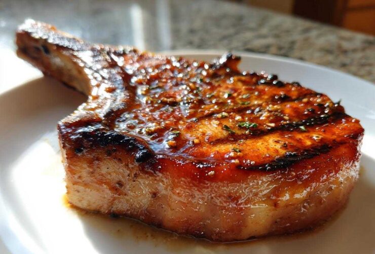 Close-up of a thick, bone-in pork chop cooked to perfection, glistening with a sweet glaze from the best marinade for pork chops.