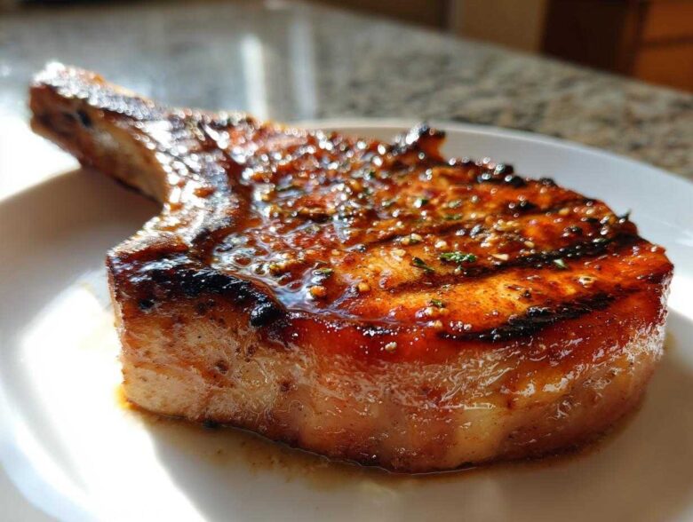 Close-up of a thick, bone-in pork chop cooked to perfection, glistening with a sweet glaze from the best marinade for pork chops.