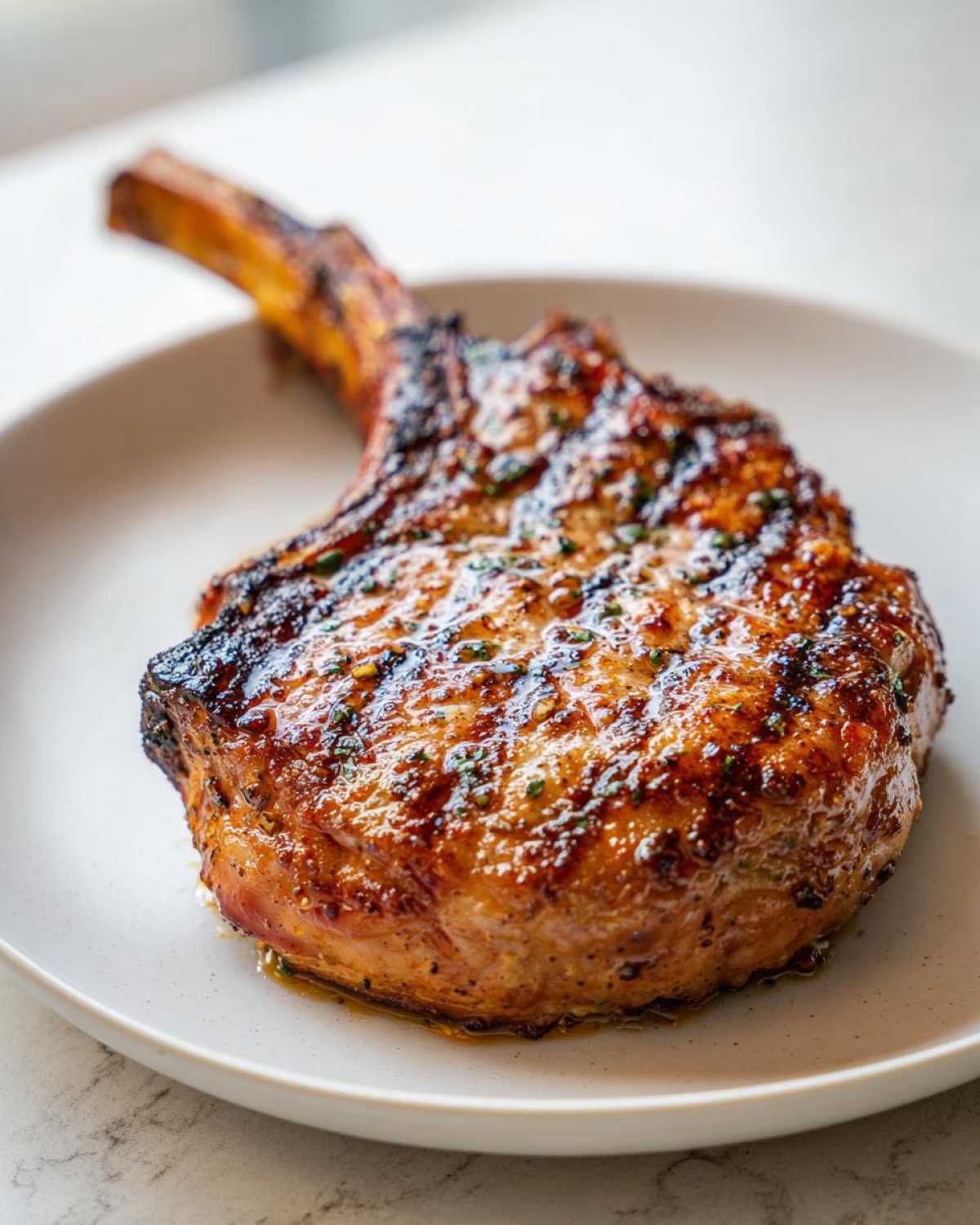 A thick, bone-in pork chop, perfectly grilled and glistening, showing the results of a great marinade for pork chops.