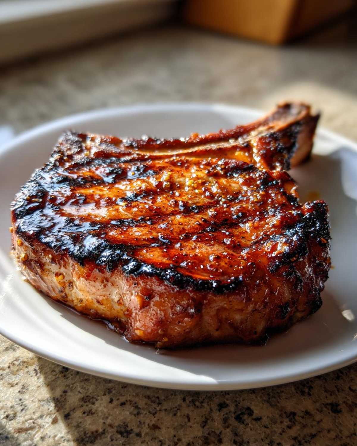 Close-up of a thick, bone-in pork chop cooked perfectly with a dark, glossy glaze, ideal for a marinade for pork chops.
