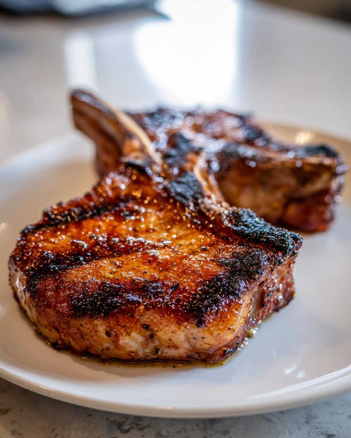 Close-up of two thick, bone-in pork chops with a dark, caramelized crust, suggesting a great marinade for pork chops.