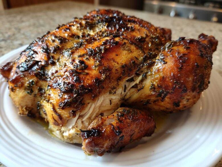 A perfectly roasted, herb-crusted spatchcock chicken resting on a white plate, showing golden-brown, crispy skin.