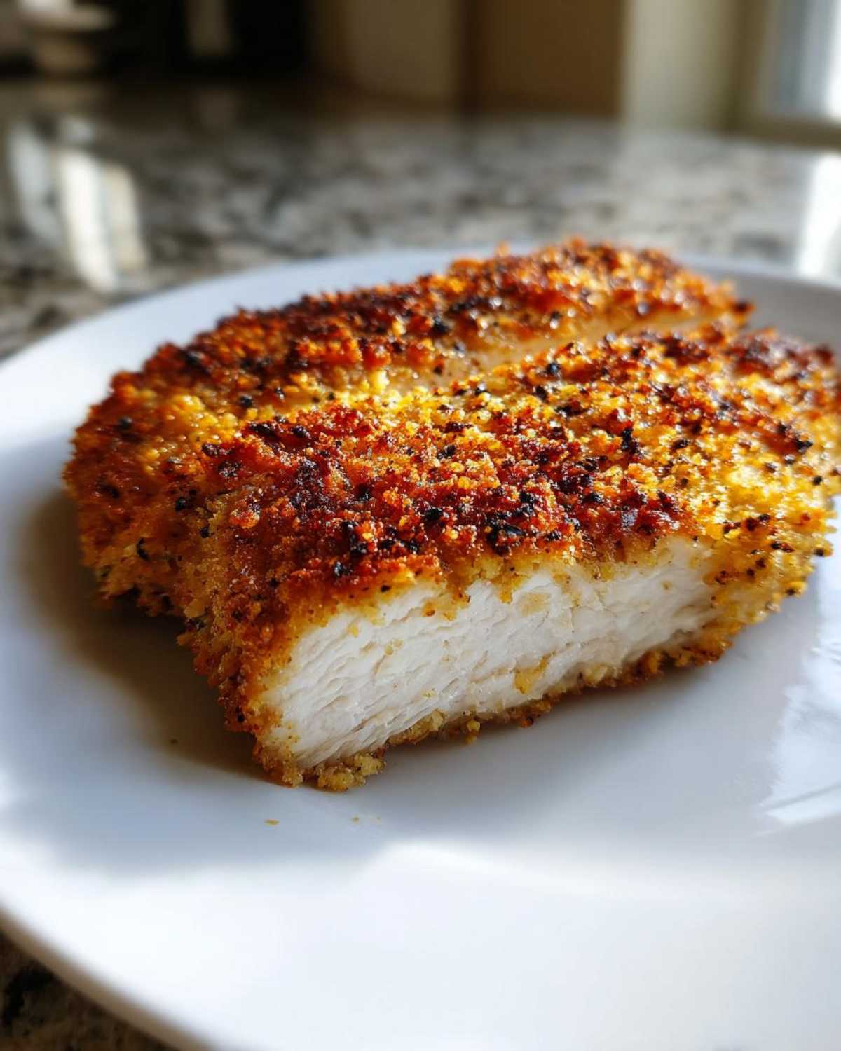 Cross-section view showing the juicy white meat inside a perfectly cooked parmesan crusted chicken fillet.