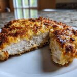 Close-up of juicy parmesan crusted chicken cut in half, showing the white interior and golden brown crust.