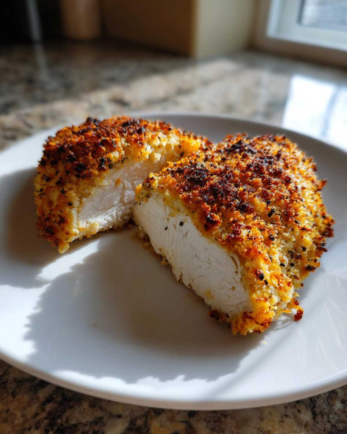 Cross-section of juicy parmesan crusted chicken showing the white interior and crispy, golden-brown coating.