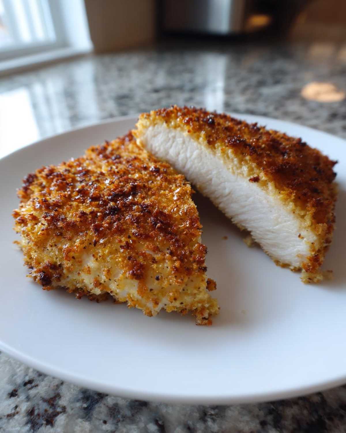 Cross-section view of juicy parmesan crusted chicken showing the white interior and golden-brown crust.