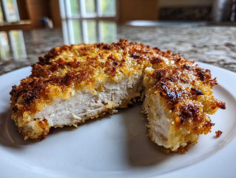 Close-up of juicy parmesan crusted chicken cut in half, showing the white interior and golden brown crust.