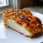 Close-up of juicy parmesan crusted chicken breast cut in half, showing white interior and golden crust.