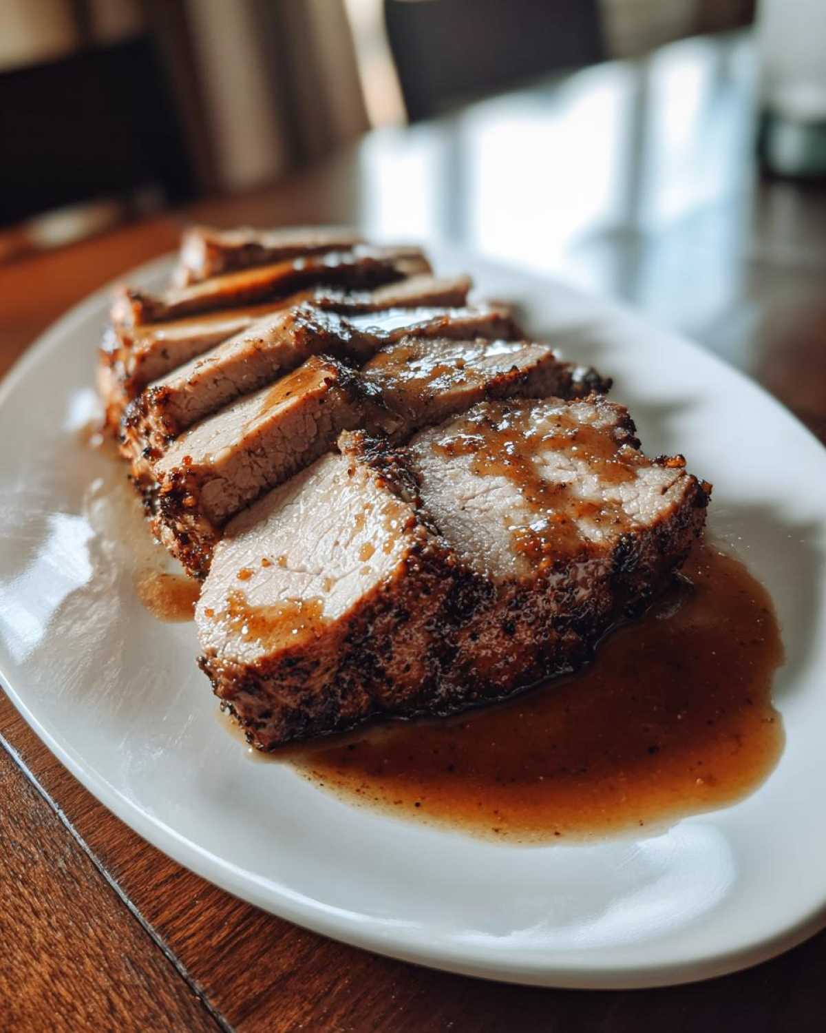 Close-up of a perfectly cooked and sliced pork loin roast drizzled with savory brown gravy on a white platter.
