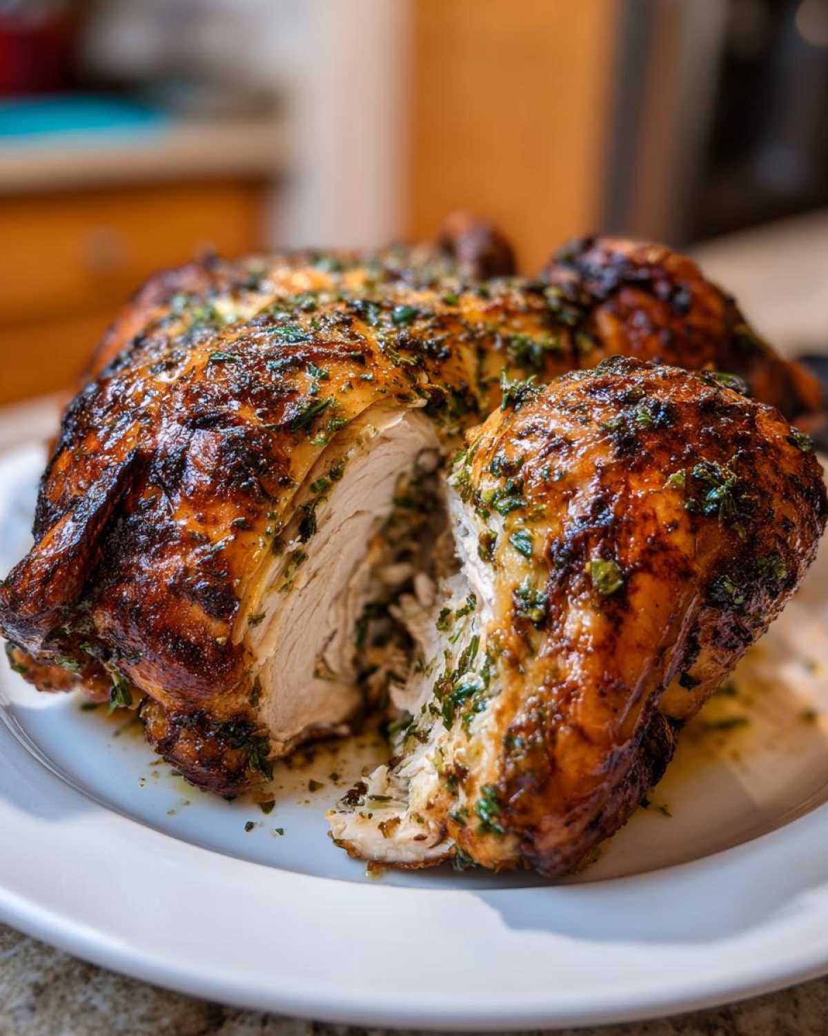 A perfectly roasted spatchcock chicken, glistening with herbs, cut open to reveal moist white meat inside.