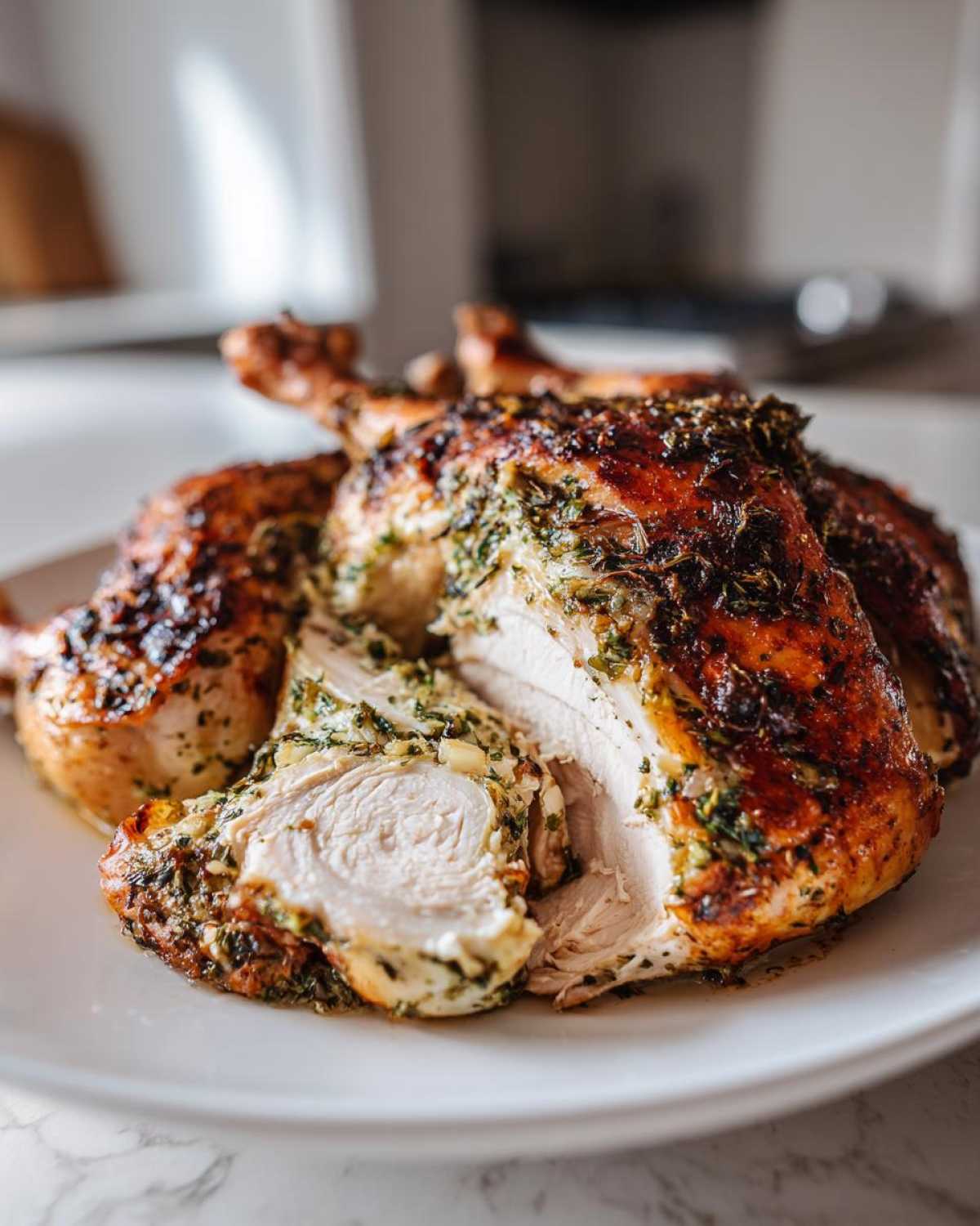 A perfectly roasted spatchcock chicken, sliced open to show the moist white breast meat and herb coating.