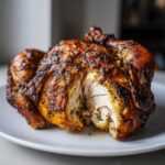 A perfectly roasted spatchcock chicken, cut open to show juicy white meat and crispy, herb-seasoned skin.