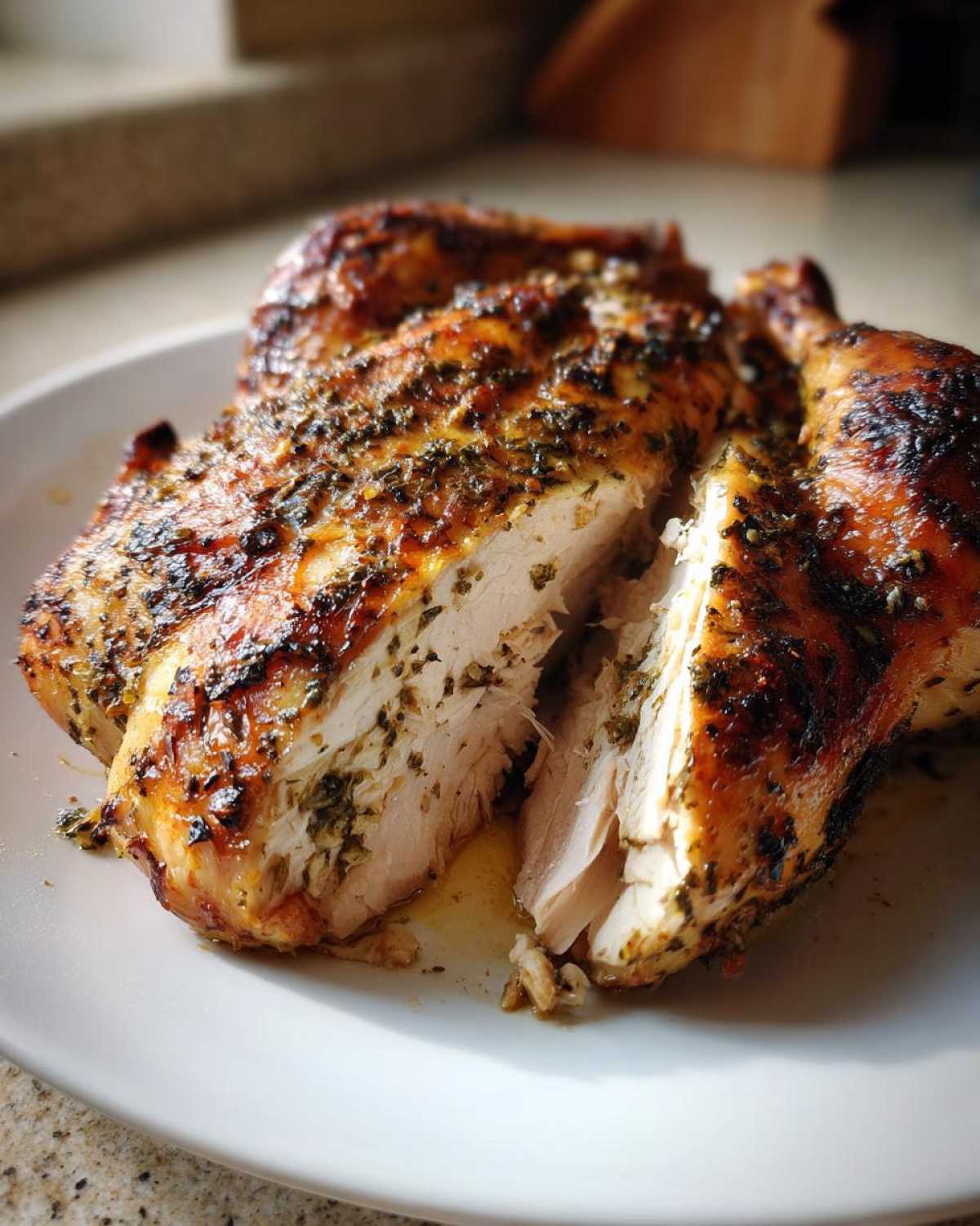 Close-up of a perfectly cooked, herb-crusted spatchcock chicken sliced open to show juicy white meat.
