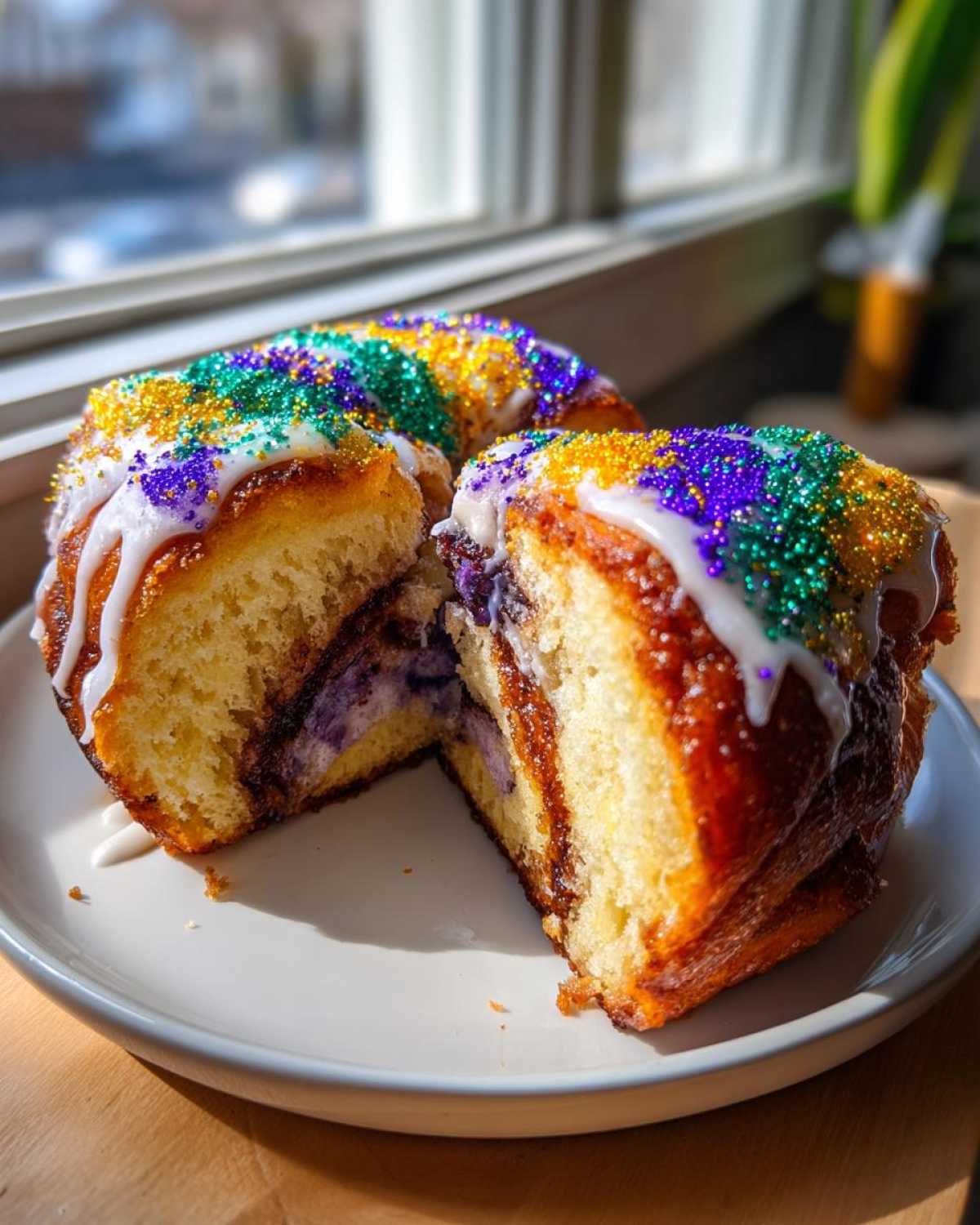 A slice cut from a homemade king cake, showing the rich, layered interior and colorful Mardi Gras sprinkles on top.