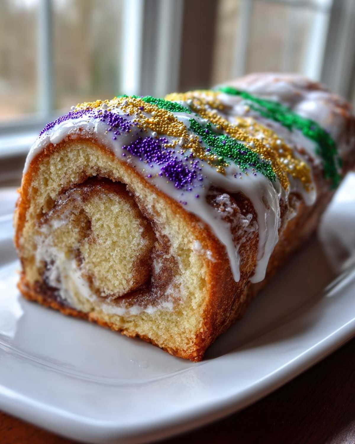 A close-up of a slice of homemade king cake featuring a cinnamon swirl, white icing, and purple, gold, and green Mardi Gras sprinkles.