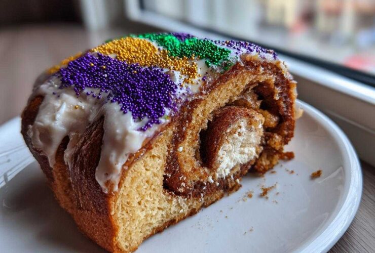A close-up of a slice of cream cheese filled king cake, topped with white icing and purple, gold, and green Mardi Gras sprinkles.