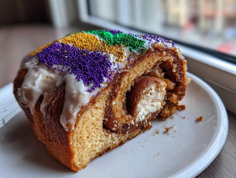 A close-up of a slice of cream cheese filled king cake, topped with white icing and purple, gold, and green Mardi Gras sprinkles.
