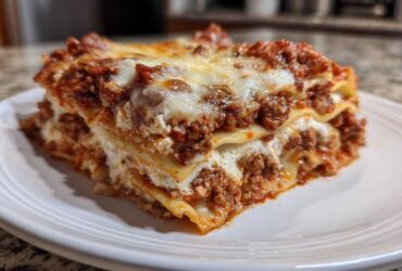 A close-up of a hearty slice of lasagna with cottage cheese, meat sauce, and melted mozzarella topping.