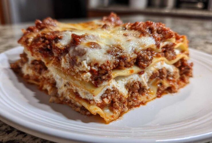 A close-up of a hearty slice of lasagna with cottage cheese, meat sauce, and melted mozzarella topping.