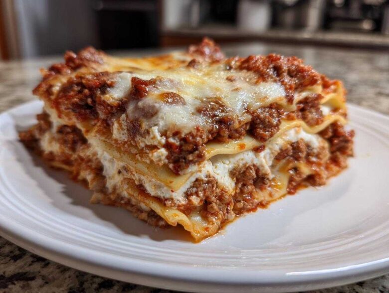 A close-up of a hearty slice of lasagna with cottage cheese, meat sauce, and melted mozzarella topping.